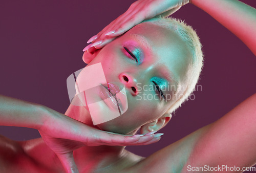 Image of Cyberpunk, neon beauty and woman with eyes closed, makeup and lights in creative advertising on studio background. Art, aesthetic product placement and model isolated in futuristic skincare mock up.