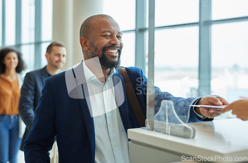 Image of Counter, ticket and black man in airport for passport check or in hotel line for travel service. Happy customer person at security booth or glass window for business booking and buying pass at seller