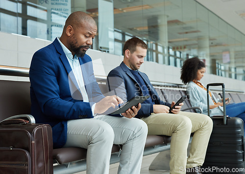 Image of Lobby, airport and people on technology for online flight booking, information or travel schedule. Digital app, news and business black man on tablet for immigration, international or job opportunity