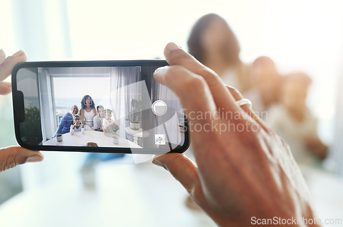 Image of Smartphone photography, screen and hand with family at home, taking picture and memory with love and care. Technology, closeup and people together with focus, lens and photographer, app and phone