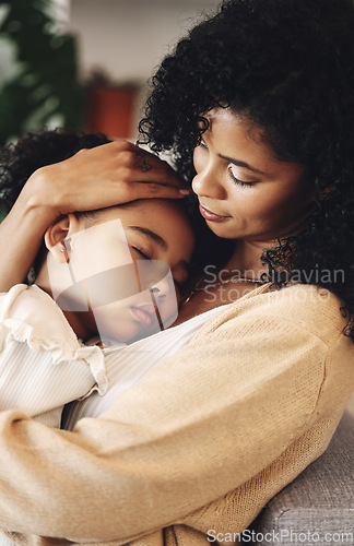 Image of Family, mother with sleeping child and love, peace and calm with relationship, care and relax at home. Content, black woman and tired girl with bond, comfort and hug with safe place, dream and sleep