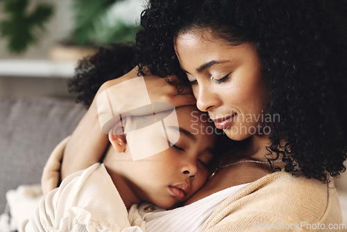 Image of Family, mother with sleeping kid and love, peace and calm with relationship, care and relax at home. Content, black woman and tired girl with bond, comfort and hug with safe place, dream and sleep