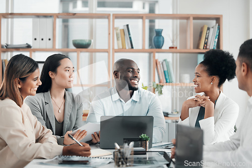 Image of Business, black man or group in meeting, budget planning and conversation in workplace, brainstorming and fintech. Teamwork, Nigerian male leader and staff talking, accounting and portfolio for sales