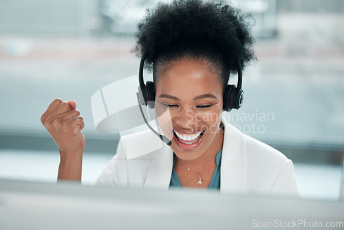 Image of Crm success, telemarketing and excited black woman in a call center with customer support. Web consultant, happy and lead generation worker at a office computer with a smile from consultation sale