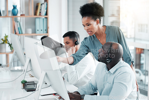 Image of Crm, black people or manager in call center coaching or training worker and helping with networking advice. Computer, startup or African insurance agent in communication at customer services for faq