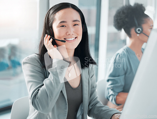 Image of Call center, consulting and portrait of asian woman at computer for customer service, telemarketing and help desk. Happy, smile and contact us with consultant for technical support, advisory or sales