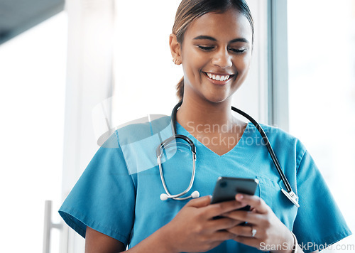 Image of Nursing, social media and doctor with a phone for communication, email and schedule. Medicine, internet and woman nurse typing on a mobile for an app chat, healthcare research and conversation