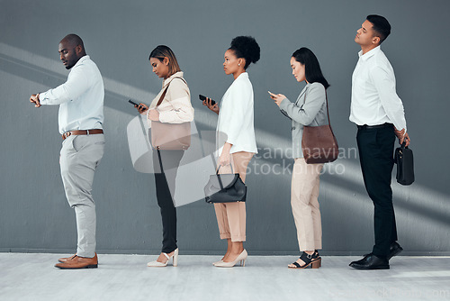 Image of Business recruitment, line waiting and interview meeting with we are hiring candidates on phone. Hr, digital scroll and watch check of corporate people in a office for onboarding and human resources