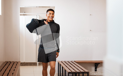 Image of Sports, fitness and man in gym locker room with smile ready for game practice, exercise and training. Active lifestyle, sport club and male athlete with bag prepare for workout, wellness and health