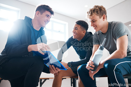 Image of Sports, teamwork and men in locker room with coach with strategy for match practice, exercise and gym training. Fitness, sport club and male athletes planning, prepare and meeting for workout routine