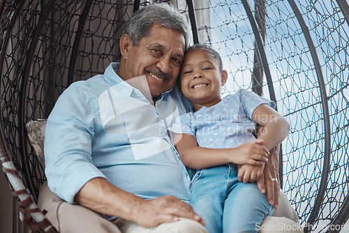 Image of Grandparent, girl portrait and smile with love, support and care of senior man and child at home. Living room, retirement and elderly grandfather with kid and happiness together in a house with joy