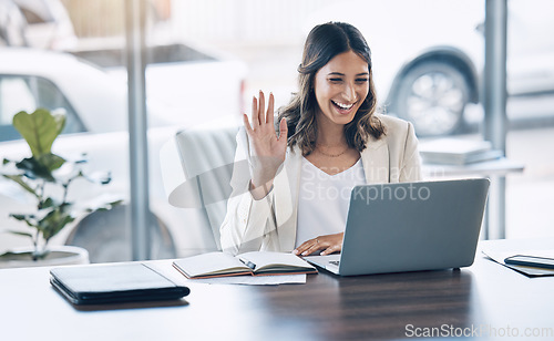 Image of Woman, wave or video call on laptop conference, lawyer training workshop or virtual consulting appointment. Smile, happy or attorney on technology webinar and hello or greeting hands in legal office