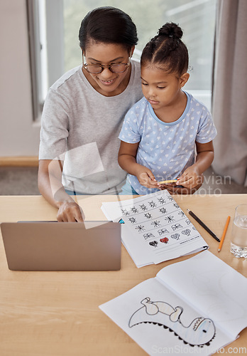 Image of Homeschooling, Elearning and mother teaching child school work in a home, house or apartment for education. Mom, daughter and kid with parent remote learning with a laptop and help with homework