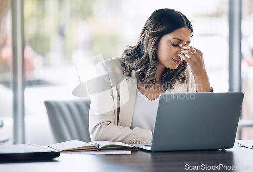 Image of Lawyer, laptop or stress headache with problem, court case loss or legal research burnout in corporate law firm. Anxiety, pain or migraine for attorney woman on technology with doubt or mental health