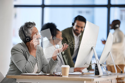 Image of Call center, office team and woman with telemarketing communication, customer support and telecom startup. Talking, happy chat and business people, employees or agent at consulting agency or company