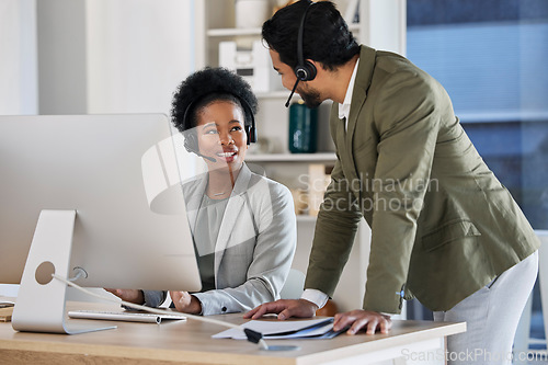 Image of Call center, training and people manager for technical support, telemarketing strategy or workflow management. Talking, advice and telecom boss, leader or worker with black woman consultant in office