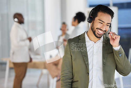 Image of Agent man, call center and listening for consulting, teamwork or blurred background for contact us with smile. Happy crm consultant, customer service expert or tech support in modern office with team