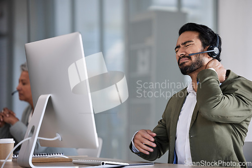 Image of Neck pain, call center and tired man with fatigue, burnout and medical healthcare risk. Anxiety, stress and muscle injury of telemarketing agent, consultant or overworked technical support person