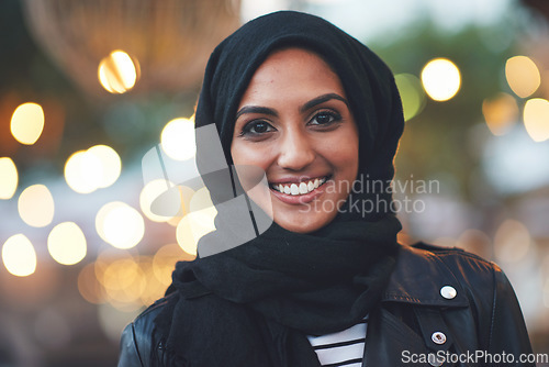 Image of Mockup, night and portrait of muslim woman in city with bokeh, lights and blurred background. Face, islamic and female relax in Dubai town for fun or explore, happy and smile outside with hijab