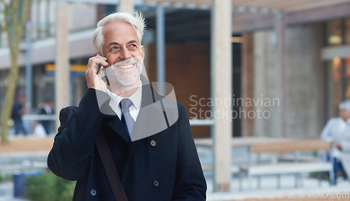 Image of City, phone call and smile, mature man or lawyer outside law firm, successful discussion on legal advice. Ceo, boss or businessman on sidewalk at court with 5g smartphone, crm or conversation.