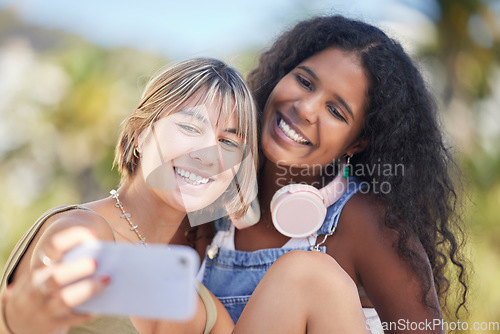 Image of Smile, selfie and friends relax at a park for bonding, chilling and having fun on bokeh background. Happy, women and girls for profile picture, photo or blog by social media influencer in a forest