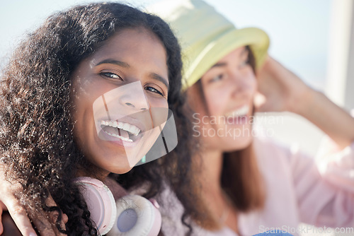 Image of Happy, selfie and friends relax outdoors for bonding, chilling and having fun on blurred background. Face, women and smile for profile picture, photo or blog by social media influencer in outside