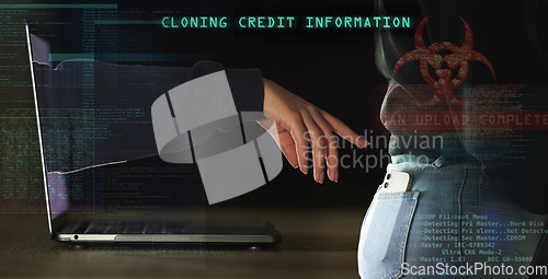 Image of Phishing, cyber security and hacker with laptop and phone with matrix overlay for crypto, password and software cloning. Data, fraud and programming with hand of person for crime, digital and malware