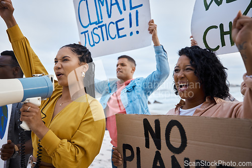 Image of Protest, global warming and megaphone with black woman at the beach for environment, earth day and sign. Climate change, community and pollution with activist for social justice, support or freedom