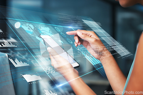 Image of Phone hologram chart, hands or woman review finance hud, stock market database or future global economy. Forex investment dashboard, online data analysis or night trader trading NFT or bitcoin crypto