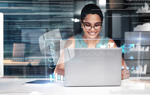 Image of Laptop, hologram hud or business woman review finance chart, stock market database or futuristic night overlay. Forex investment, online data analysis or African trader trading NFT, bitcoin or crypto