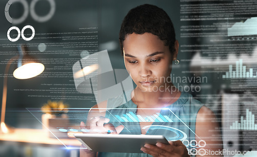 Image of Black woman with tablet, focus and data overlay for erp app innovation, research and programming in future info technology. Futuristic analytics, software and developer for startup business website.