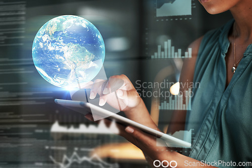 Image of Tablet, hands and globe hologram with analytics, graph and future technology with digital overlay and woman with finance. Global network, world stock market and 3D, with investment and big data code