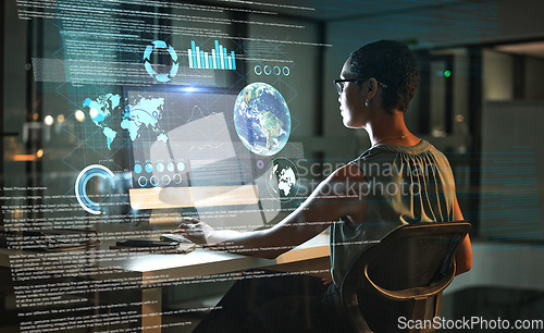 Image of Computer, global analytics hologram or woman review finance data, stock market database or futuristic overlay. Forex investment hud, ecommerce back view or night trader trading NFT, bitcoin or crypto