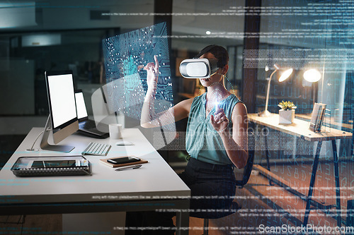 Image of Woman, night and 3d vr headset with hologram network, web design and planning for global cybersecurity. Developer, augmented reality in metaverse for cloud computing or coding at office with ui