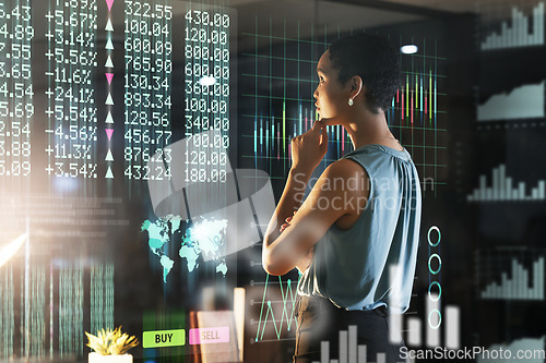 Image of Hologram chart, stock exchange woman or thinking of finance numbers, future IPO database or night ui overlay. Forex investment idea, data analysis hud or African broker trading NFT, bitcoin or crypto