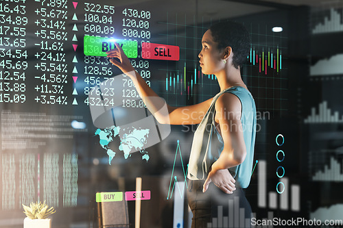 Image of Hologram analytics, stock exchange pointing or woman buy financial share, future IPO database or night ui overlay. Forex investment, data analysis hud or African broker trading NFT, bitcoin or crypto