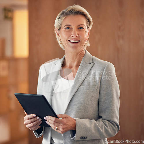 Image of Smile, portrait and senior woman with tablet, happy lawyer in office with vision and legal success. Leadership, internet and corporate industry, mature businesswoman in management at advisory company