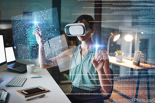 Image of Woman, coding and night with vr double exposure, hologram graphic or web design planning for cybersecurity. Developer, augmented reality glasses or future cloud computing at office with metaverse ux