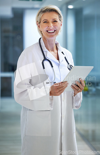 Image of Healthcare, tablet and portrait of senior doctor in hospital for wellness, medical care and support. Insurance, clinic and woman smile with digital tech for telehealth, research or online consulting