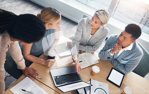 Image of Top view, business people or laptop screen in meeting for teamwork planning, finance diversity or investment workshop. Corporate men, women or collaboration on technology for fintech budget strategy