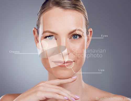 Image of Dermatology anti aging, skincare and portrait of woman on gray background for wellness, cosmetics and makeup. Beauty mockup, spa hologram and girl face for facial care, treatment and skin health