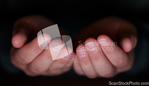 Image of Hands together, open palm and dark for donation, giving or nonprofit mockup space for religion charity work. Hand sign, mock up and pray for worship, gratitude or mindfulness in night at ngo workpace