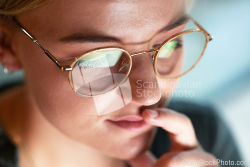 Image of Woman, thinking and night in office with closeup for ideas, brainstorming and working late for planning. Corporate finance expert, insurance expert and focus in headshot at workplace for research