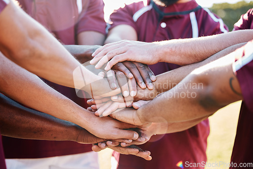 Image of Hands, sports and collaboration in trust, partnership or unity together in solidarity for motivation. Hand of group in support of teamwork, goal or planning for strategy, sport game or win agreement