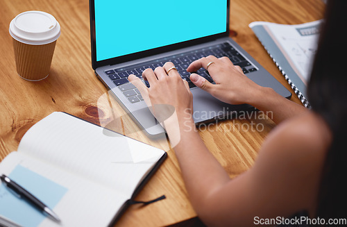 Image of Woman hands, laptop and typing on mockup screen for planning, data analysis and internet administration. Closeup worker, mock up and computer keyboard for seo research, website or business management