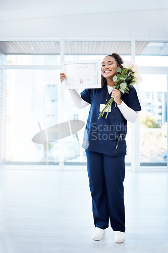 Image of Nursing, celebration and black woman graduate with smile, flowers and ADN certificate at hospital. Healthcare, education and nurse at graduation, happy scholarship qualification and academic award.