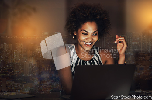 Image of Overlay, black woman and business with laptop, smile and futuristic ideas for opportunity, growth and metaverse. Future, African female employee and leader with skills, management and device for data