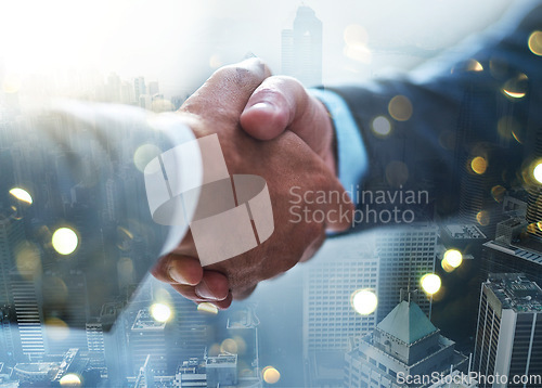 Image of Handshake, business men trust and city overlay with bokeh of b2b partnership deal. Thank you, contract agreement and shaking hands of corporate collaboration and networking cooperation success