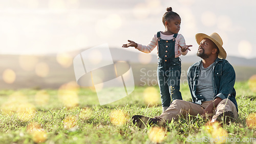 Image of Bonding, relax and father and child on a field for playing, adventure and conversation in nature. Agriculture, communication and African dad talking to a playful girl on the grass in the countryside