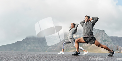 Image of Exercise, mockup and couple workout and stretch together outdoors in nature by a mountain for health, wellness and fitness. People, partners and athletes training and keeping fit and heathy